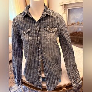 Arizona‎ grid design, stonewashed denim Button Down Shirt